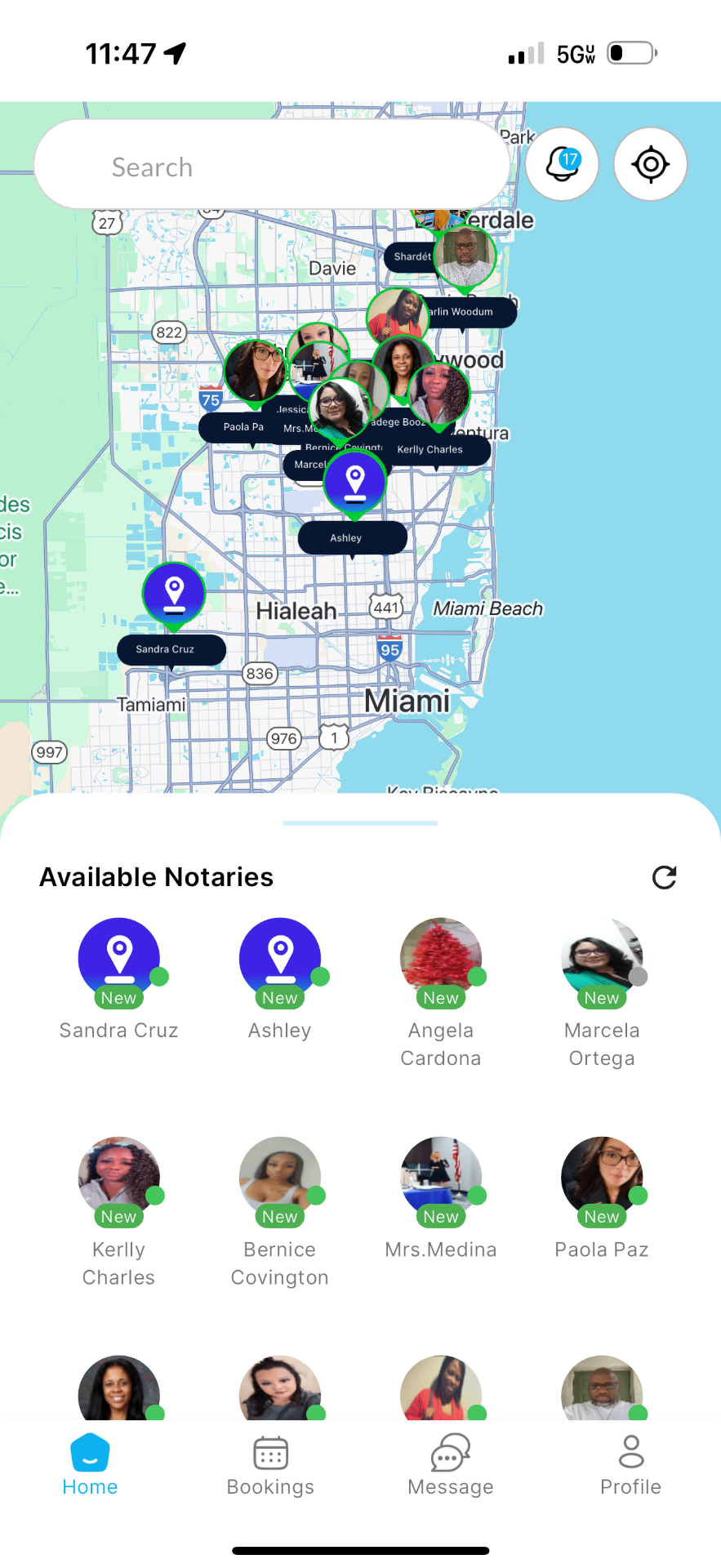 NotaryPing app showing notaries in Miami area