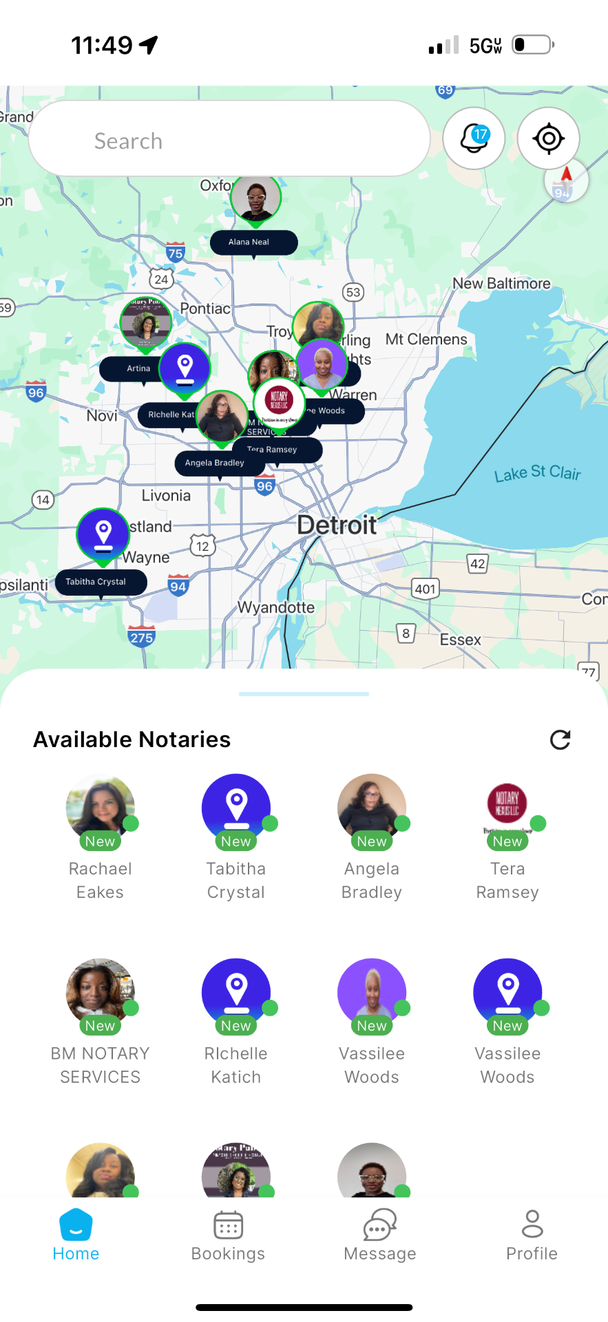 NotaryPing app showing notaries in Detroit area