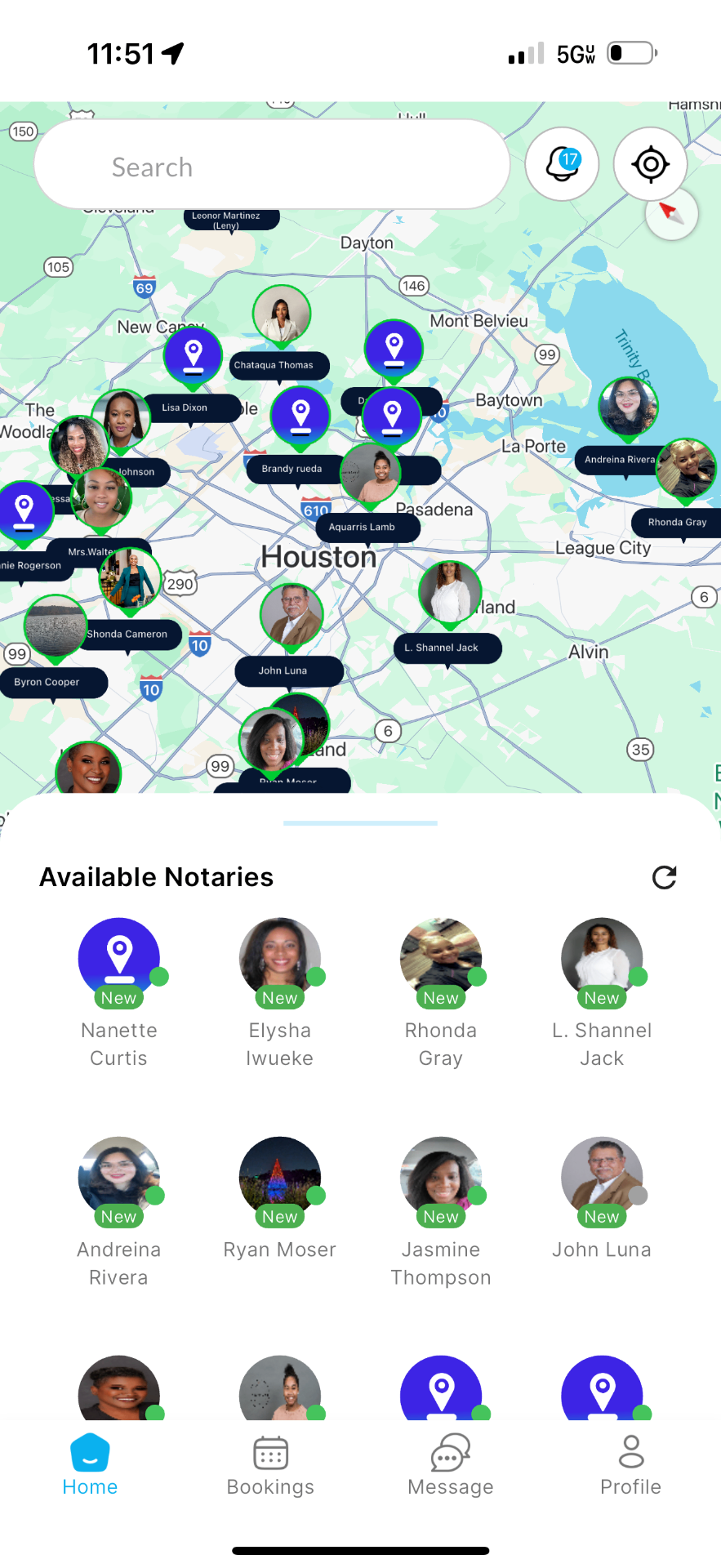 NotaryPing app showing notaries in Houston area